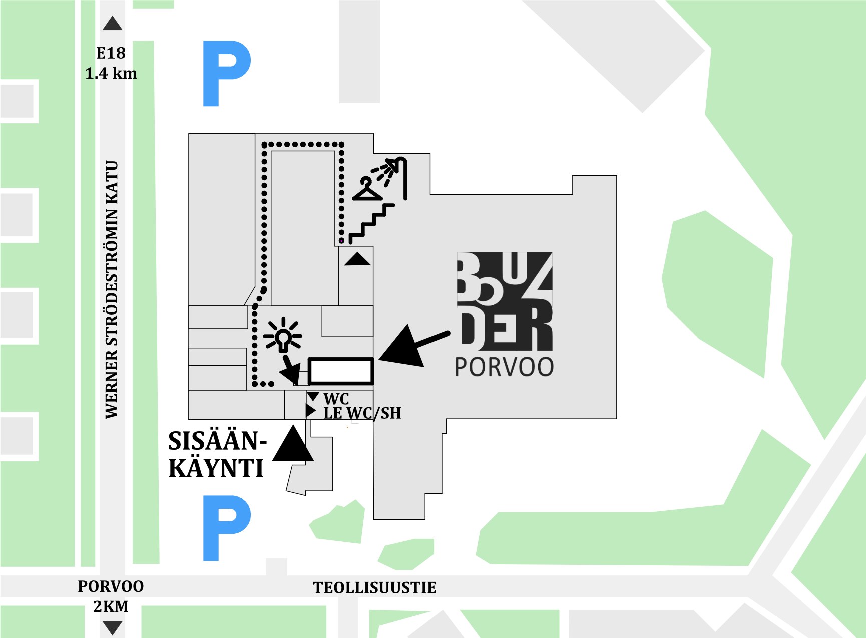 Boulder Porvoo guide map: parking, entrance from Teollisuustie, changing rooms and showers, toilets and the climbing hall.