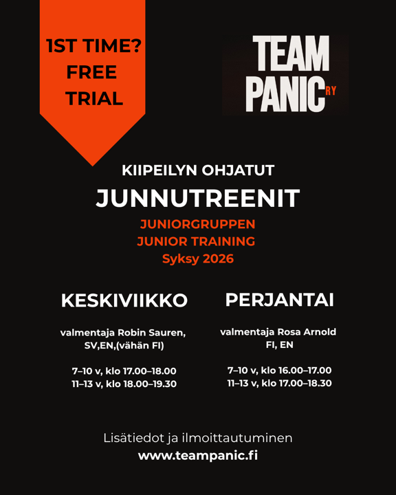 Team Panic junior training autumn 2026, Wednesdays and Fridays. First session free. Details and sign-up at teampanic.fi